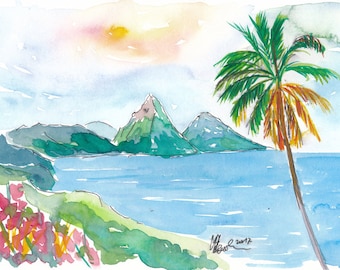 Tableau Rêves des Caraïbes de Sainte-Lucie avec coucher de soleil et pics des Pitons et impression d'art en édition limitée