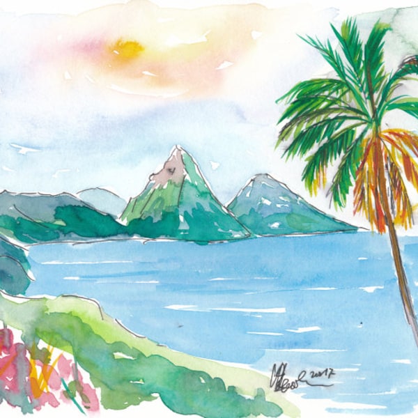 St Lucia Caribbean Dreams With Sunset and Pitons Peaks Painting & Limited Edition Fine Art Print