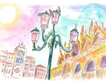 May include: A watercolor painting of a street lamp with four lights against a backdrop of a building with arches. The sky is painted in shades of pink, blue, and yellow.