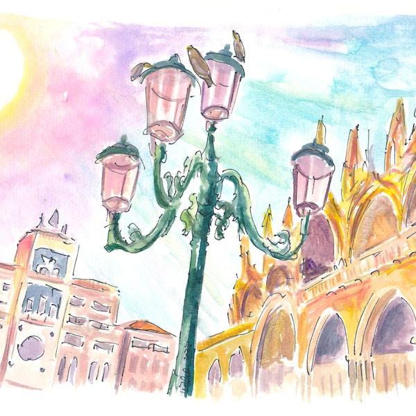 Place Saint-Marc avec la basilique de la tour de l'horloge Saint-Marc et la lanterne vénitienne - Tirage d'art en édition limitée - Peinture originale disponible