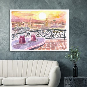 Amazing Marrakech Morocco Rooftop Romance with Tea and Fna Square - Limited Edition Fine Art Print - Original Painting available image 2