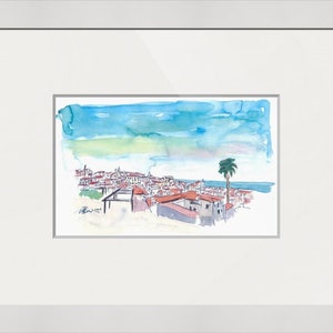 May include: Watercolor painting of a cityscape with red-tiled roofs, a palm tree, and a blue sky with white clouds.