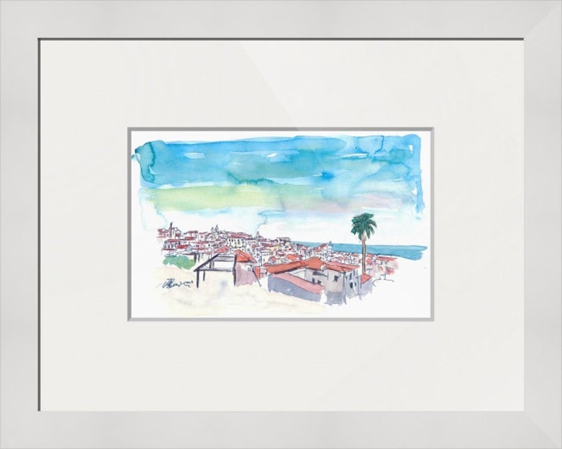 May include: Watercolor painting of a cityscape with red-tiled roofs, a palm tree, and a blue sky with white clouds.