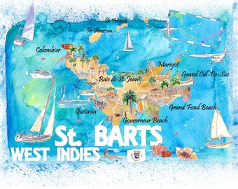 St Barthelemy Antilles Illustrated Caribbean Travel Map with Highlights of West Indies Island Dream