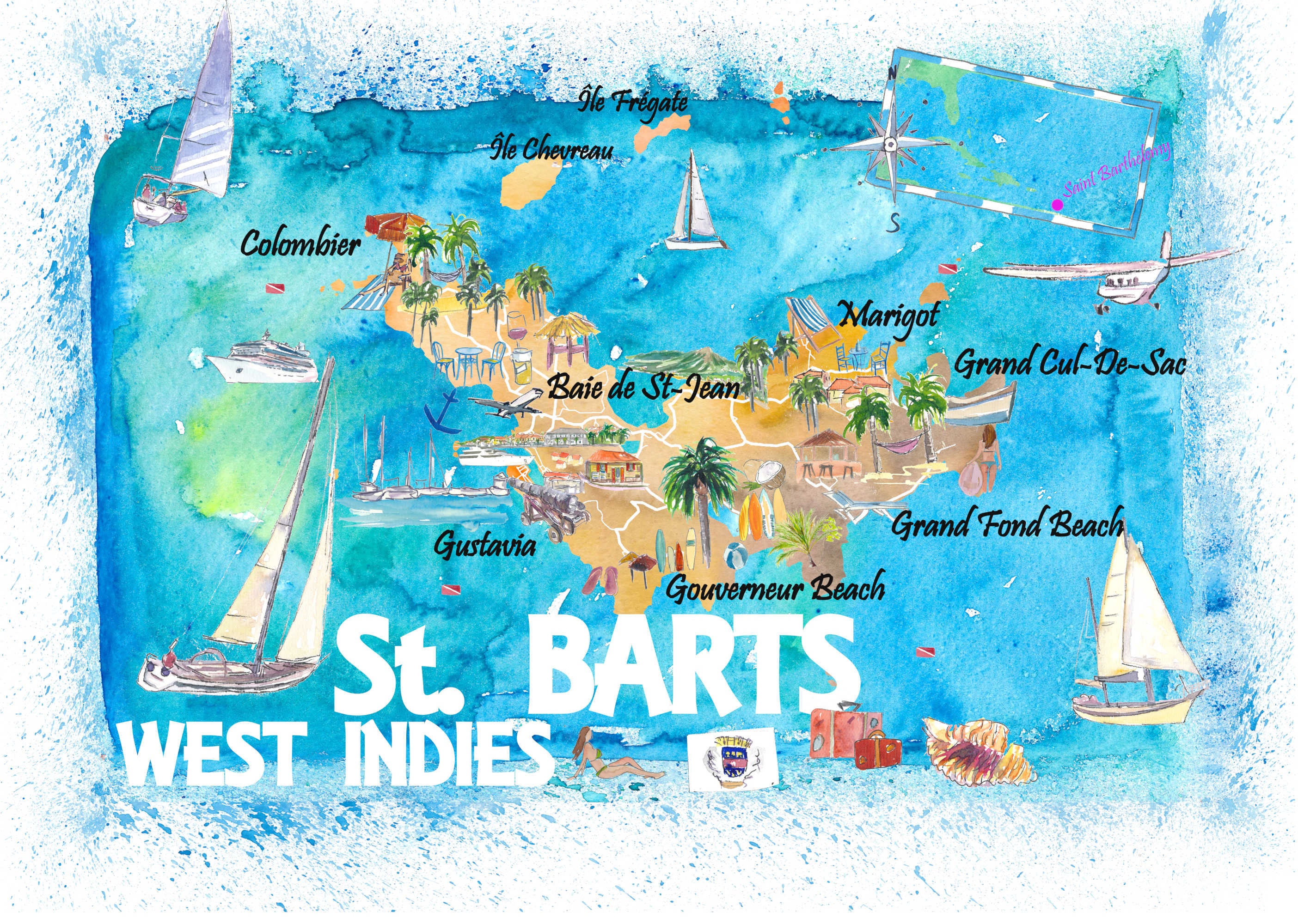 St Barts Antilles Illustrated Caribbean Travel Map With -  Sweden