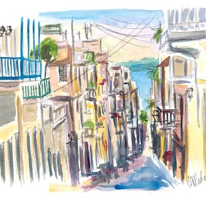 San Juan Puerto Rico Street Scene With Harbour View - Limited Edition Fine Art Print - Original Painting available