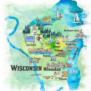 USA Wisconsin State Illustrated Travel Poster Map with Tourist Highlights