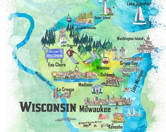 USA Wisconsin State Illustrated Travel Poster Map with Tourist Highlights