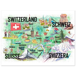 Puede incluir: Un mapa de acuarela colorido de Suiza, con la bandera suiza, monumentos y ciudades como Zúrich y Ginebra. El mapa incluye los textos "SWITZERLAND", "SCHWEIZ", "SUISSE" y "SVIZZERA".