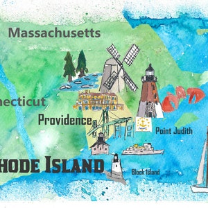 USA Rhode Island State Travel Poster Map avec des points forts touristiques - Fine Art Print