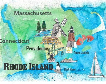 USA Rhode Island State Travel Poster Map with Touristic Highlights - Fine Art Print