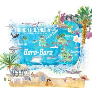 Mapa de viaje ilustrado de la Polinesia francesa de las islas Bora Bora con puntos turísticos destacados - Impresión de bellas artes