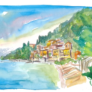 Romántico Varenna Lago di Como Pueblo italiano junto al lago con vista a la montaña - Impresión de bellas artes de edición limitada - Pintura original disponible