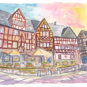Historic Half-Timbered Houses in Limburg Lahn on Ploetze Square - Limited Edition Fine Art Print - Original Painting available