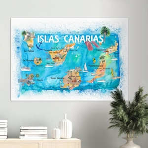 Carte de voyage illustrée des îles Canaries avec Tenerife, Gran Canary, Lanzarote, Fuerteventura La Palma Gomera et Hierro