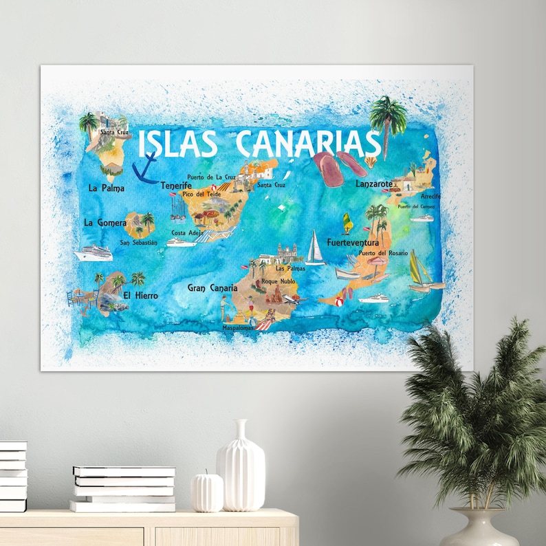 Carte de voyage illustrée des îles Canaries avec Tenerife, Gran Canary, Lanzarote, Fuerteventura La Palma Gomera et Hierro image 1