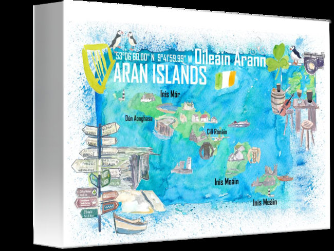 Aran Islands Ireland Illustrated Travel Map With Tourist Highlights Il Gu5h 