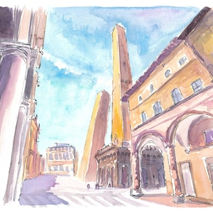 May include: Watercolor painting of a street scene in Italy with tall buildings and a blue sky. The buildings are painted in shades of yellow and brown, and the sky is a light blue with white clouds.