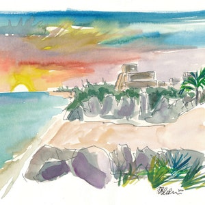 Tulum Mexico Sunset with Maya Ruins And Sea - Limited Edition Fine Art Print - Original Painting available