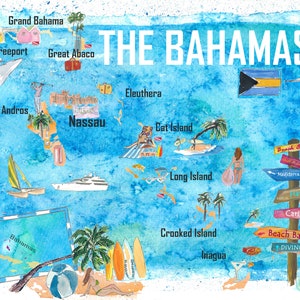 Mapa ilustrado das Bahamas com pontos de referência e destaques das estradas principais - Impressão de belas artes Mapa retrô vintage com destaques turísticos