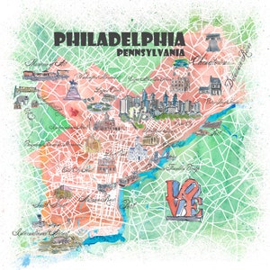Filadelfia, Pensilvania, EE. UU. Mapa ilustrado con carreteras principales y puntos destacados