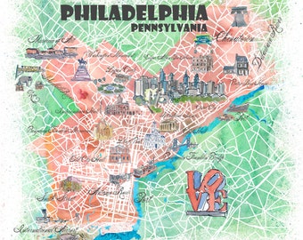 Philadelphia Pennsylvania USA illustrerad karta med huvudvägar landmärken och höjdpunkter