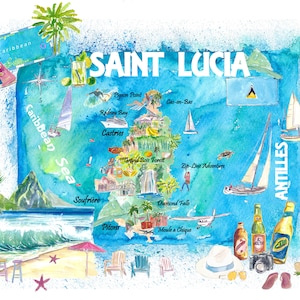 Carte illustrée des Antilles de Sainte-Lucie avec les points forts touristiques des Antilles 2e édition
