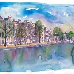 Amsterdam Netherlands Canal Water Reflections Original Painting & Limited Edition Fine Art Print