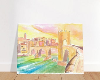 Old Pont de Besalú Scene in Spain at Sunset - Limited Edition Fine Art Print - Original Painting available