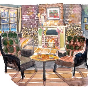 Quiet and cozy Christmas Eve at Fireside in New York Pub - Original Painting & Art Print