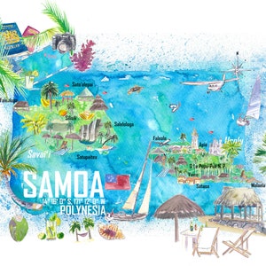 Samoa Illustrated Island Travel Map avec routes et faits saillants