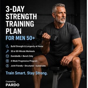 Op de afbeelding: Afbeelding die een 3-daags krachttrainingsplan voor mannen van 50+ promoot. De tekst benadrukt functies zoals het opbouwen van kracht, 30-60 minuten durende trainingen en een programma van 4 weken. Een man houdt een halter vast. De tekst luidt "Train Smart. Stay Strong."
