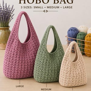 May include: Three hobo bags in large, medium, and small sizes, featuring a star cluster stitch pattern in mauve, sage green, and beige. Text reads: STAR CLUSTER STITCH HOBO BAG, 3 SIZES: SMALL • MEDIUM • LARGE, 100% COTTON YARN, SOFT, DURABLE & LIGHTWEIGHT, PERFECT FOR EVERYDAY USE, HANDMADE WITH LOVE.