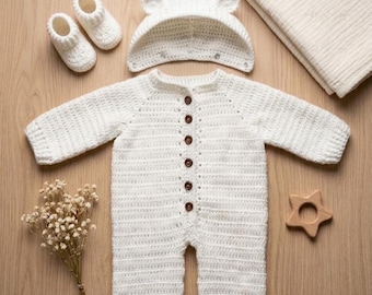 Patrón de pelele de osito de crochet con capucha desmontable para bebé de 0 a 3 meses (patrón en PDF)