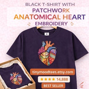 Camiseta de patchwork con corazón anatómico, colorida camiseta médica, hecha en Italia