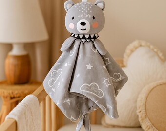 Gray Bear Lovey Blanket Teether Toy Baby Comforter Security Blanket Sensory Toy Newborn Gift Soft Plush Soother Infant Shower Gift