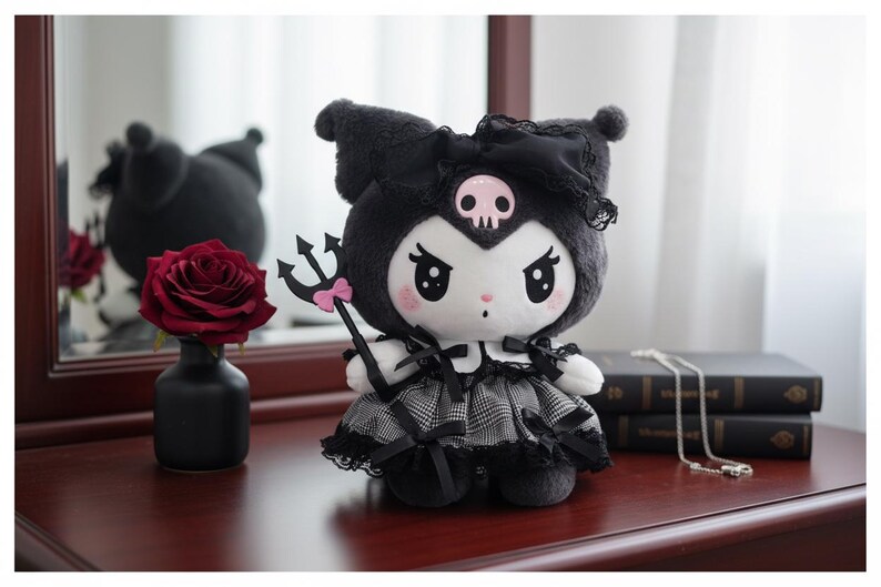 May include: A plush doll of a character with black fur, a skull on its head, and a plaid dress. The doll holds a trident with a pink bow. A red rose in a black vase and a stack of books are also visible.