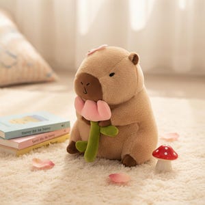 Soft Capybara Plush Toy with Pink Tulip | Adorable Stuffed Animal Decor