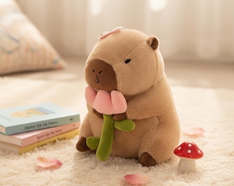 Soft Capybara Plush Toy with Pink Tulip | Adorable Stuffed Animal Decor
