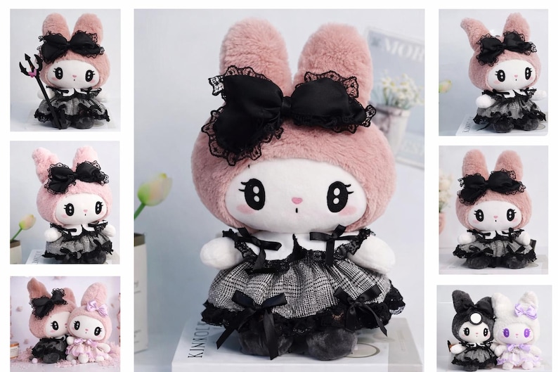 May include: A plush bunny doll with a pink hood and black bow. The doll wears a black and gray dress with lace trim. The bunny has large, expressive eyes and a small pink nose. The overall aesthetic is a blend of cute and gothic.