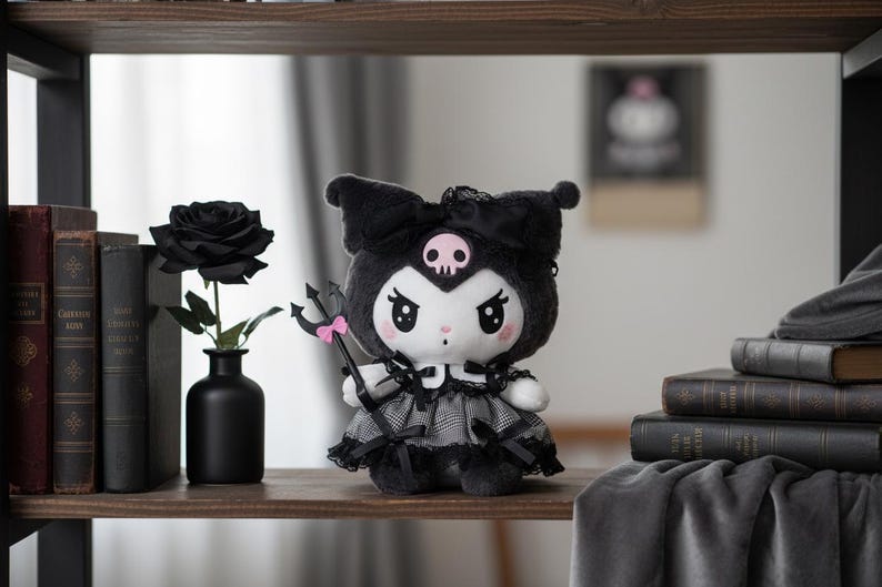 May include: A plush doll with a black and white color scheme, featuring a skull on its head and holding a trident. The doll is dressed in a black and gray dress. A black rose in a black vase is on the shelf.