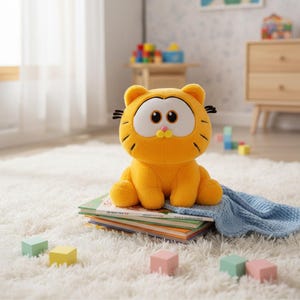 Puede incluir: Un peluche de gato naranja con ojos grandes y bigotes negros está sentado encima de una pila de libros y una manta azul. El juguete está en la habitación de un niño con una alfombra blanca y bloques de colores.