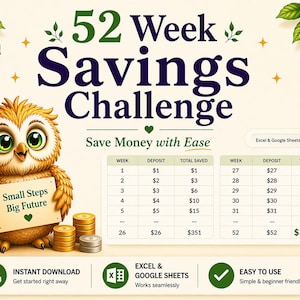 52 Week Savings Challenge | Savings Tracker Spreadsheet | Save Money Plan | Budget Planner Excel & Google Sheets | Instant Download