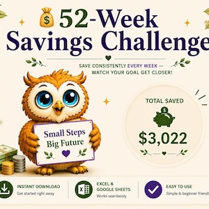 May include: A digital 52-Week Savings Challenge graphic. The design features an owl holding a sign that reads "Small Steps, Big Future." The total saved amount is £2,400. Includes icons for instant download, Excel & Google Sheets, and easy use.