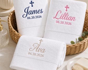 Toalla de bautismo bordada personalizada con nombre personalizado, regalo de bautizo, recuerdo religioso, regalo para padrinos de boda, idea de regalo de herencia familiar.