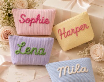 Neceser de maquillaje bordado a medida con nombre personalizado, neceser de cosméticos, regalo para damas de honor, neceser de viaje, regalo de cumpleaños para ella, neceser hecho a mano.