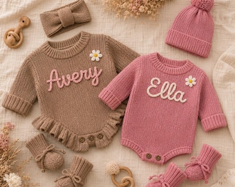 Conjunto de body personalizado para bebê, conjunto de tricô com nome personalizado, gorro e meias, presente para recém-nascido na saída da maternidade, roupa para chá de bebê