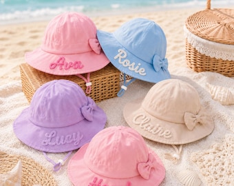 Sombrero de sol infantil personalizado, sombrero tipo cubo bordado a medida, ala ancha ajustable, lindo sombrero de playa de verano, regalo para niños pequeños para jugar al aire libre y viajar.