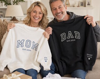 Personlig Nana Papa-tröja, handbroderad namnärm, mamma pappa mormor morfar-present, matchande familjematchning-tröja med est. år-present