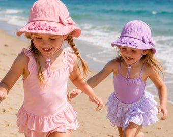 Personalized Kids Sun Hat, Custom Embroidered Name Beach Hat, Toddler Girl Summer Bucket Hat, Baby Sun Protection Gift, Bow Vacation Hat